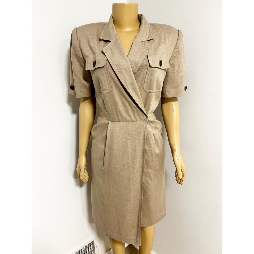 Kasper for ASL Vintage Tan Linen Blend Short Sleeve Wrap Sheath Dress Size 6